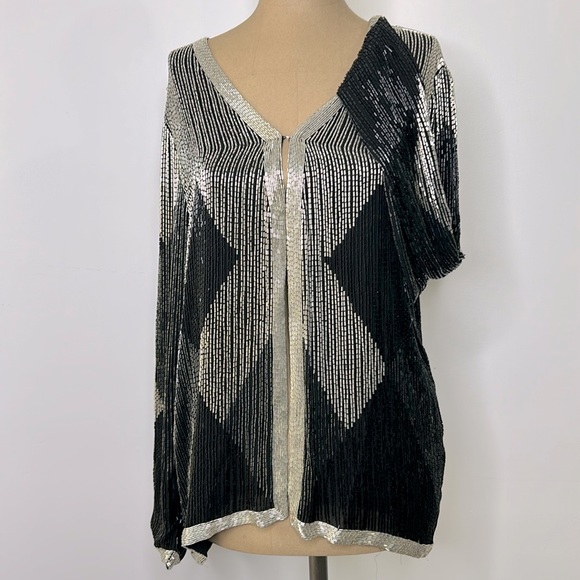 Swee Lo 🧮 Vintage Beaded 100% Silk Geometric Long Sleeve Flashy Blouse Jacket - Picture 1 of 16
